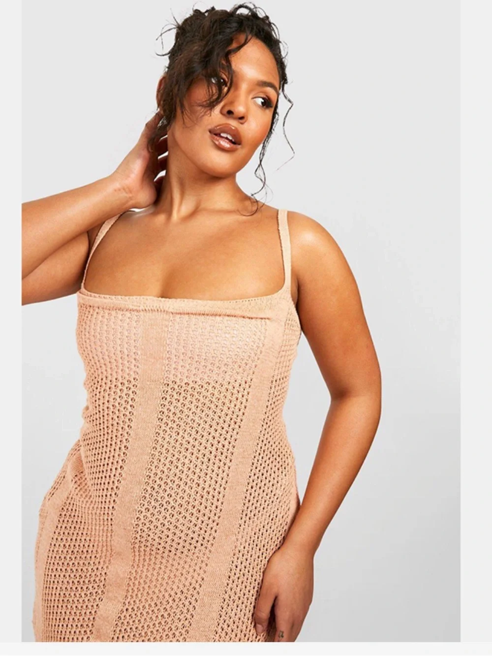 NWT Boohoo Plus Camel Crochet Knitted Maxi Beach side split Dress US 16 - Picture 3 of 10